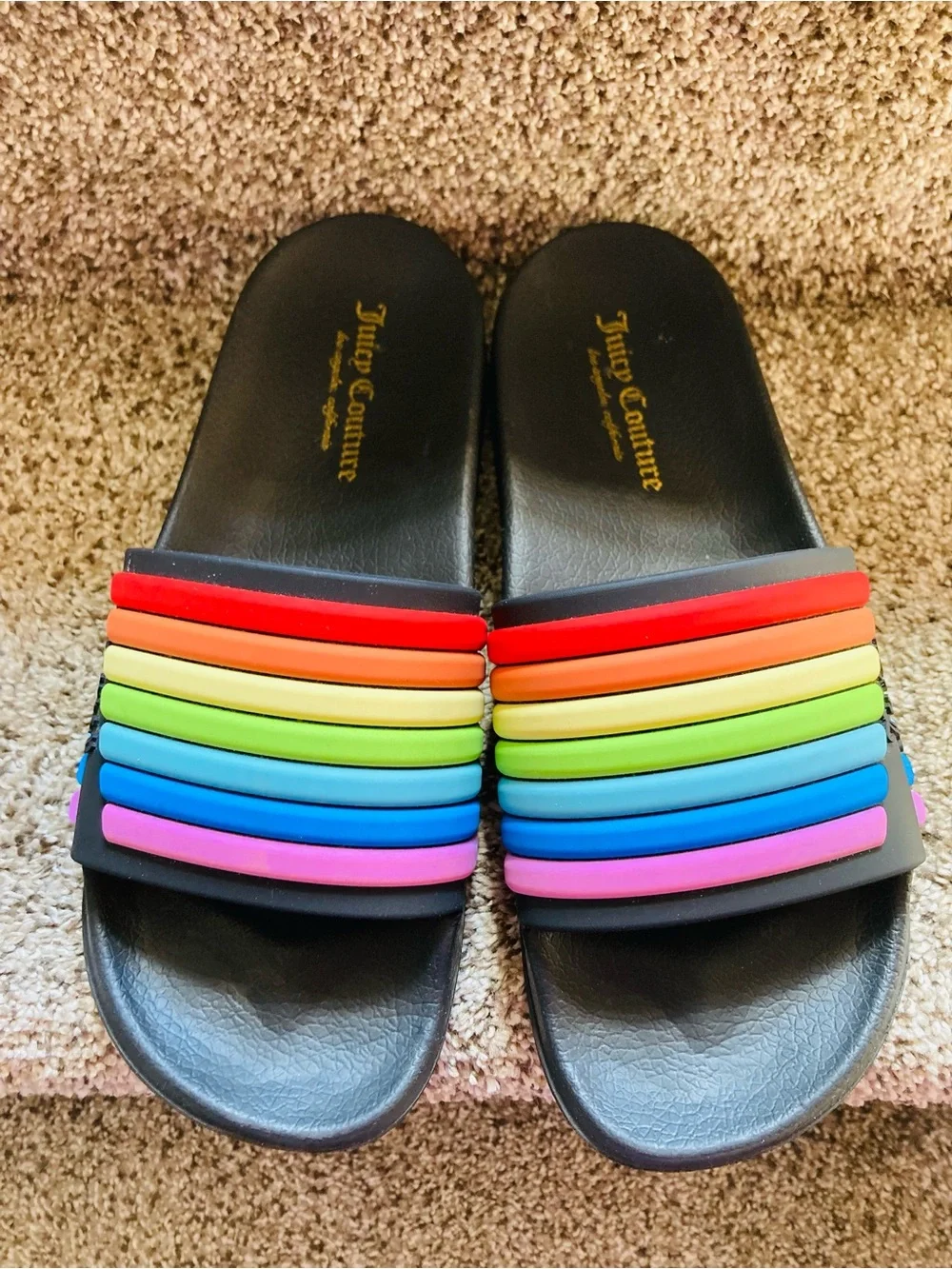 ✨Juicy Couture Black Slide Sandals with Rainbow Stripe Accents✨